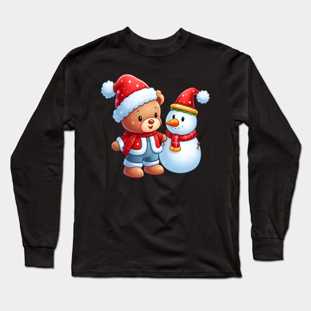 Cute Christmas Bear and his Snowman Kawaii Long Sleeve T-Shirt by Teddy Club